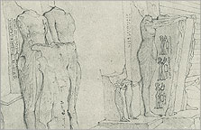 Drawing of Boundary Stela A and its statues made by an artist in the Robert Hay expedition of 1827, after Davies 1908, Pl. XLIII