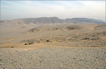 View across the site to the Great Wadi in the distance, facing south-east.