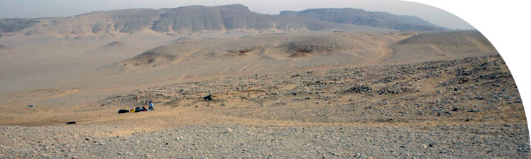 View across the site to the Great Wadi in the distance, facing south-east. The photographer stands on one of the ancient roads that ring the site.